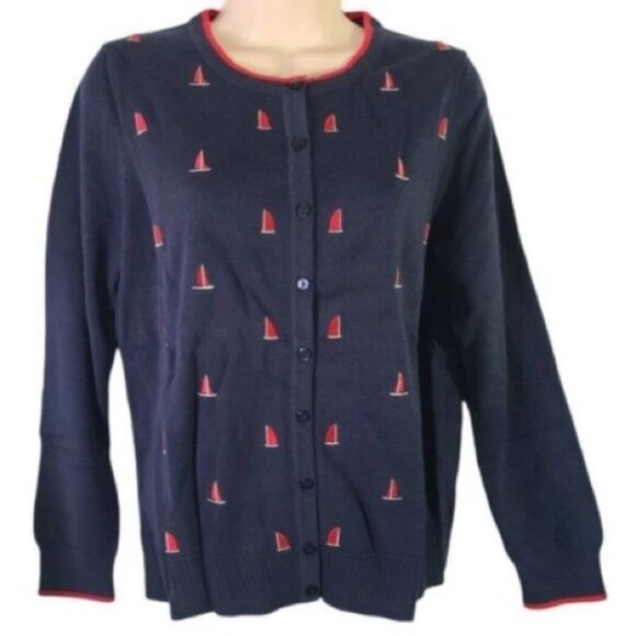 NWT⛵️Charter Club Navy Button Sweater Cardigan w/ embroidered ⛵️ sailboats Sz S - Picture 5 of 16